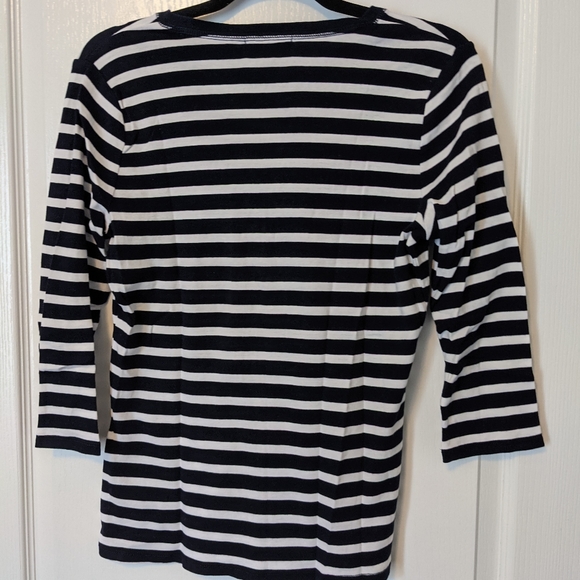 Ralph Lauren Navy and White Striped 3/4 Sleeve Lace Tie Neckline Top - Picture 2 of 5